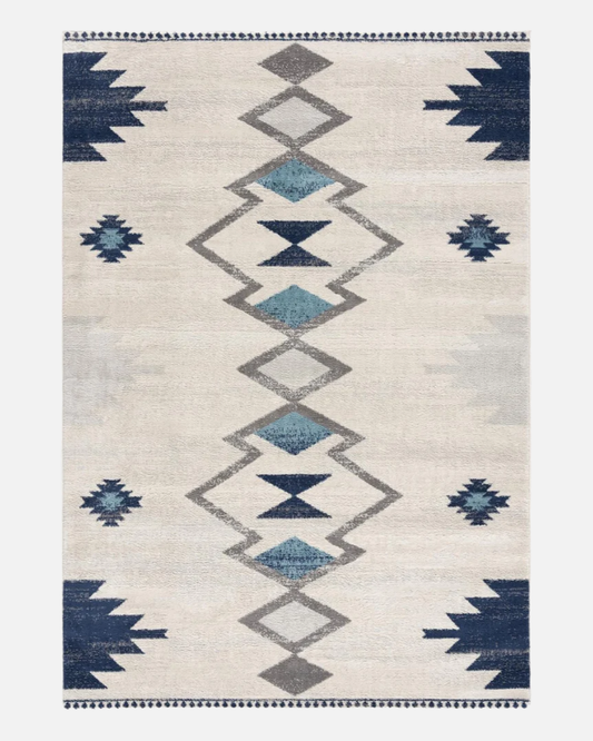 Baklava Rug Collection Geometric Boho Beige and Blue Modern Area Rug - brch-0090