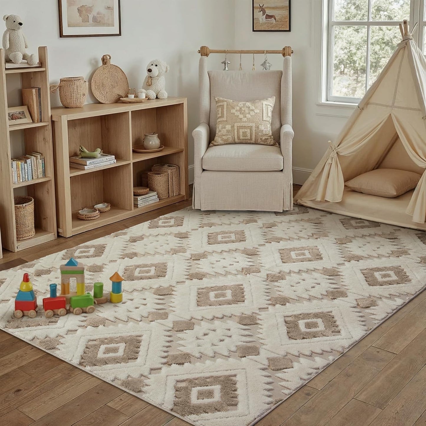 Area Rug 3D Boho Neutral Plush Pile