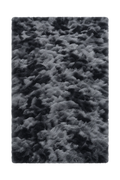 A rectangular shag area rug with a textured, fluffy pile in a mottled pattern of black and gray.