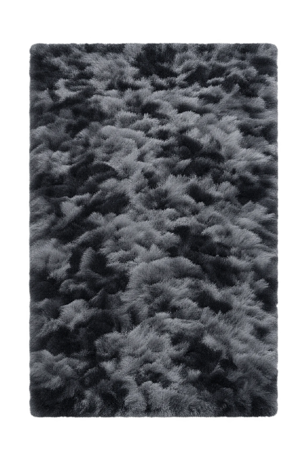 A rectangular shag area rug with a textured, fluffy pile in a mottled pattern of black and gray.