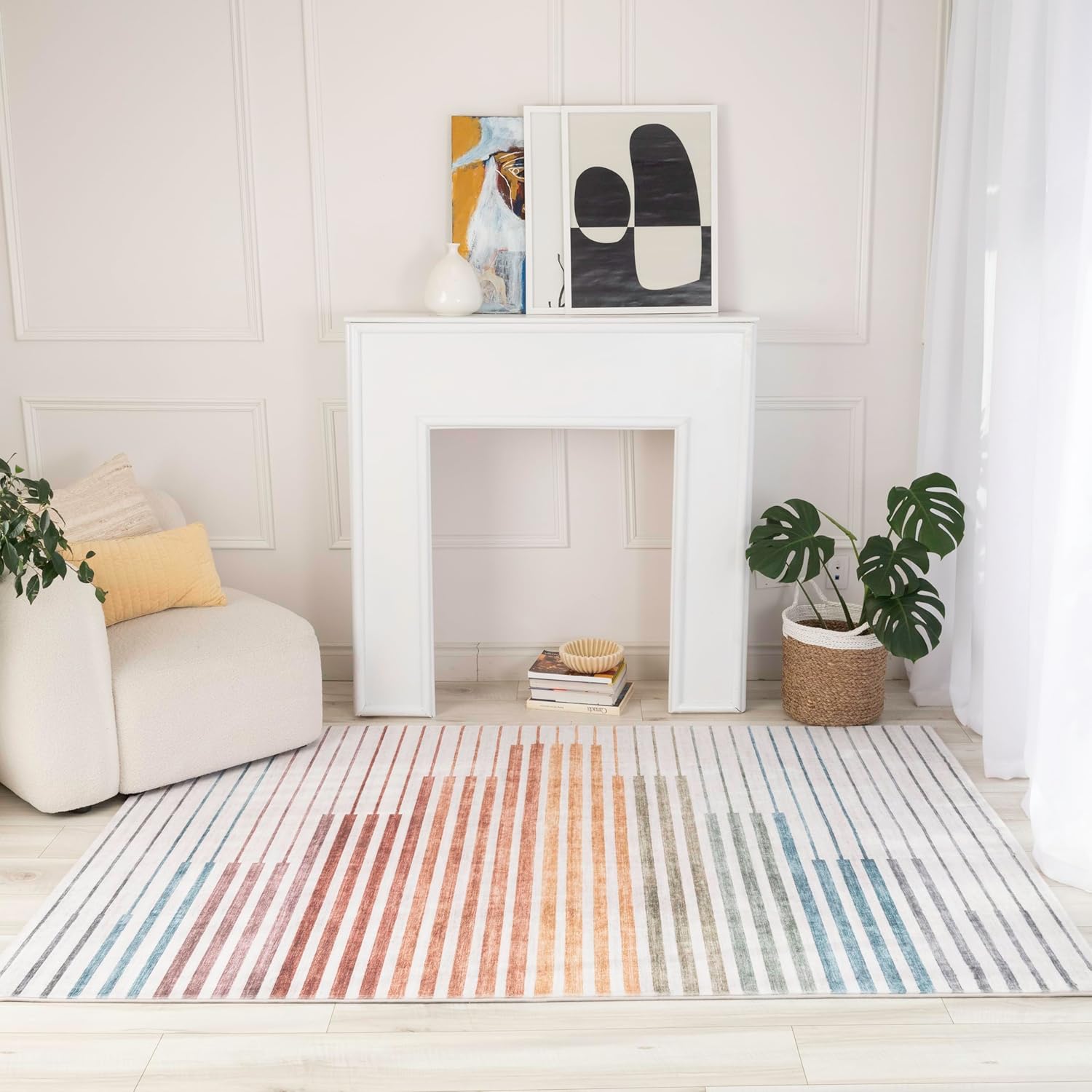 Modern Beige White Boho Rug Living Room Kitchen and Bedroom
