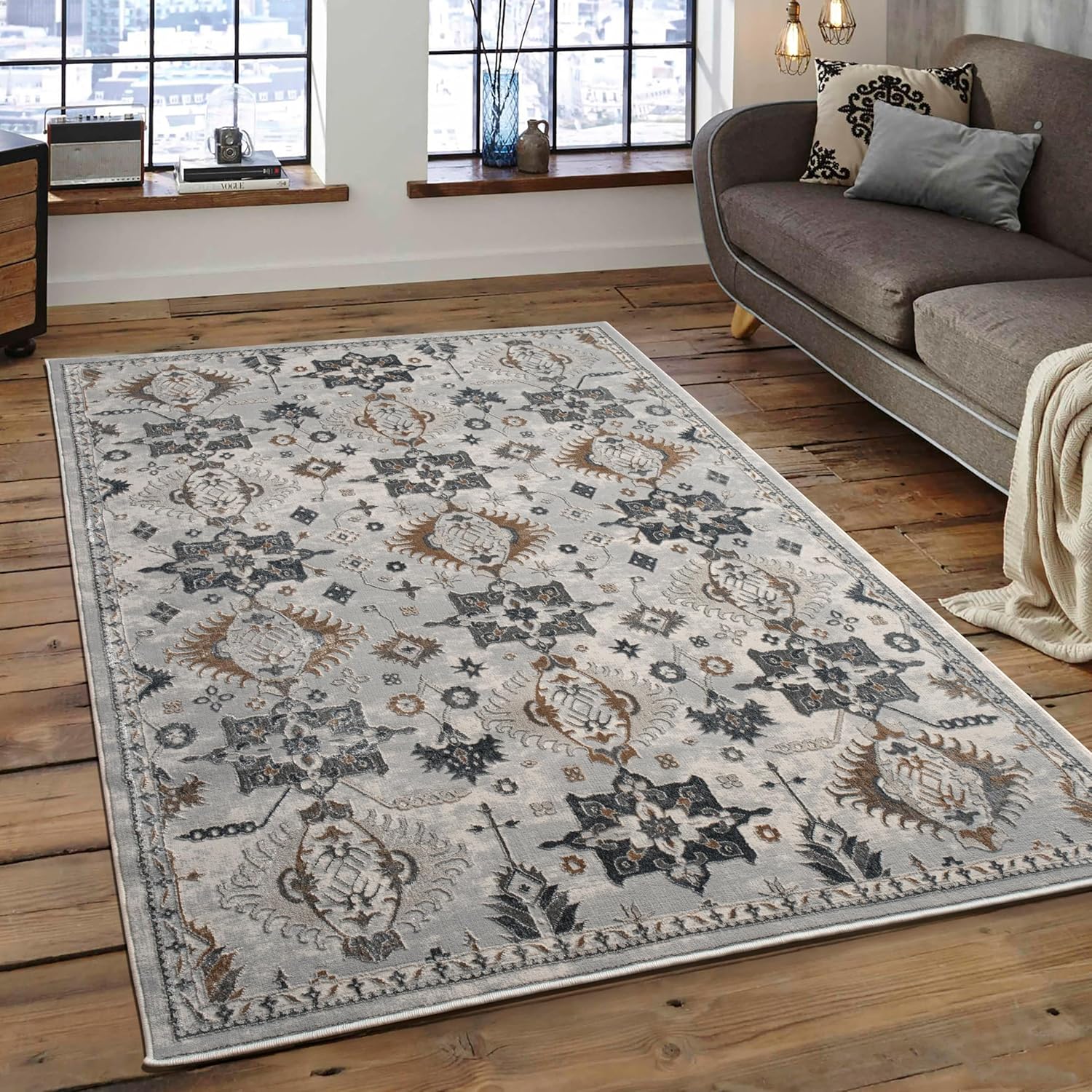 Persian Rug Boho Influenced Distressed Blue Grey  Area Rug