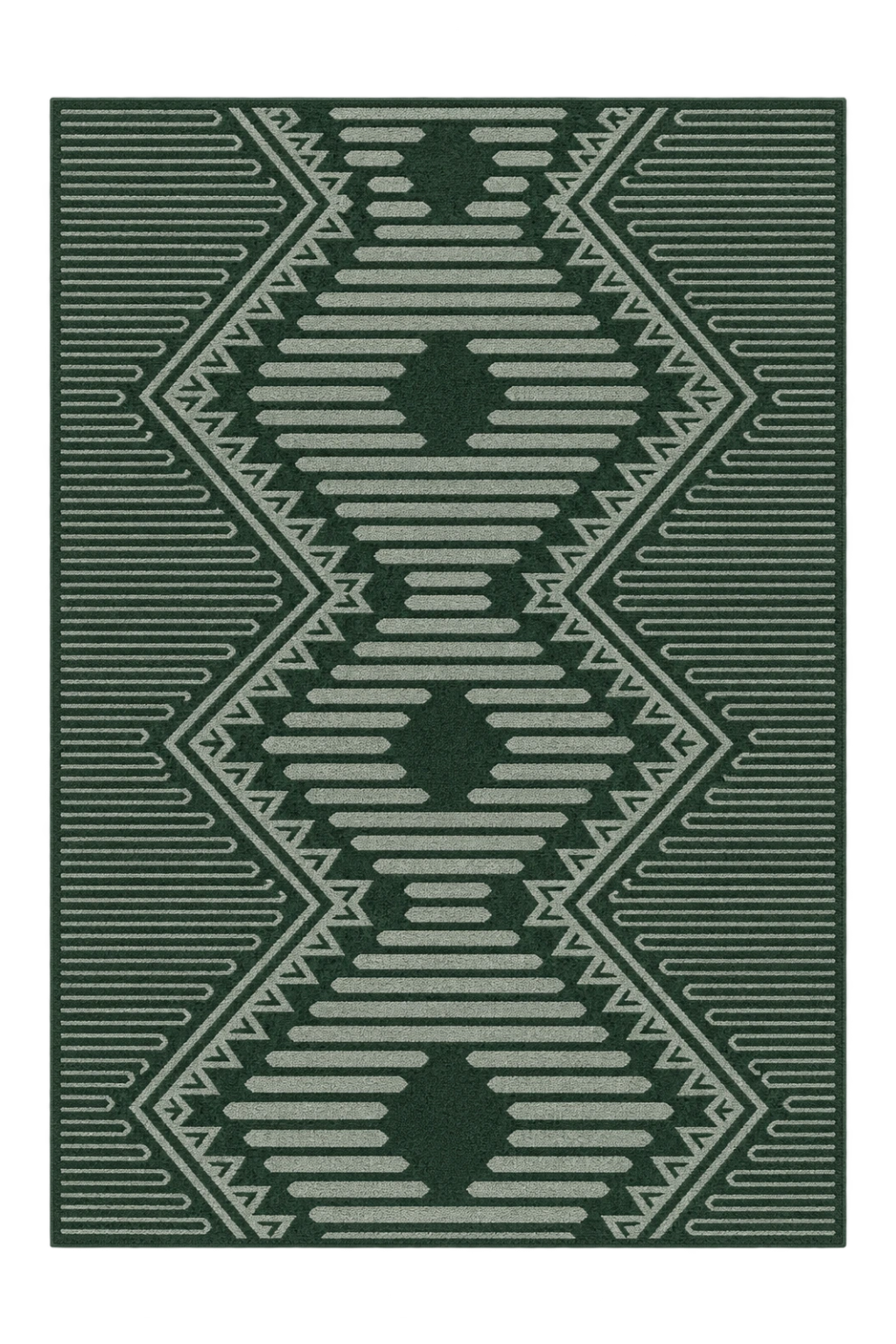 A rectangular area rug with a dark forest green background and a light sage green geometric pattern featuring diamonds, triangles, and horizontal stripe details.