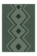 A rectangular area rug with a dark forest green background and a light sage green geometric pattern featuring diamonds, triangles, and horizontal stripe details.
