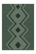 A rectangular area rug with a dark forest green background and a light sage green geometric pattern featuring diamonds, triangles, and horizontal stripe details.