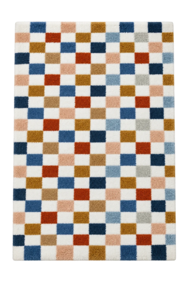 A rectangular area rug with a geometric checkered pattern in white, navy, blue, rust red, tan, beige, and light gray, shown from a top-down view on a white background.